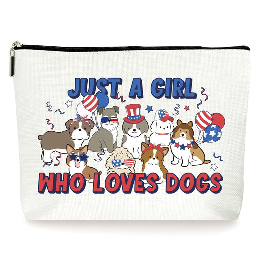 ‘Just A Girl Who Loves Dogs’ Makeup Bag Doggy American Flag Gifts For Birthday Women’s Day Mothers Day Christmas Day Independence Day For Women Friends Ladys Patriotic Decorations. (035)